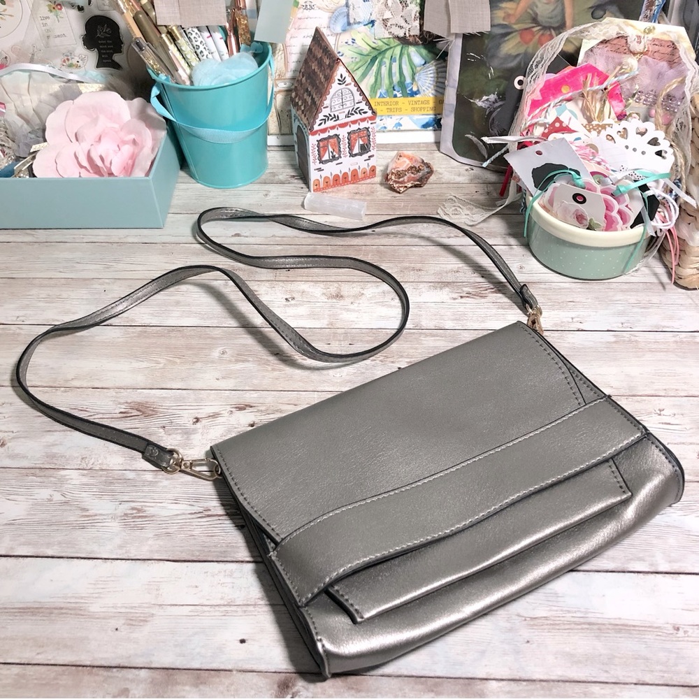 Summer & Rose Celine Crossbody Fold Over Purse Clutch In Steel Removable Straps